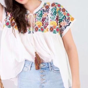 THML Anthropologie White Embroidered Tassel Boho Mexican Style Blouse